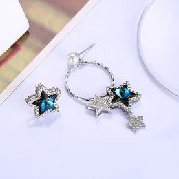 Fashion-100% 925 Sterling Silver CZ Blue Star Crystal Asymmetric Pattern Female Earrings Jewelry Gift For Women