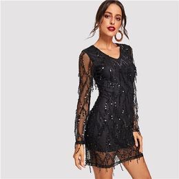 2019 Black Sheer Mesh Fringe Sequin Party Women Spring V Neck Tassel Bodycon Sexy Dress Night Out Mini Dresses