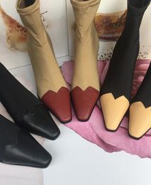 Stitched ankle boots 2019 European and American winter retro pointed elastic socks boots leather thin high heels boots with box and dustbag