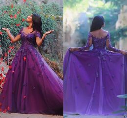 Setwell Purple Lace Arabic Evening Dresses Sheer Long Sleeves Appliques Prom Custom Made Special Occasion Dress Plus Size
