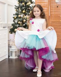 Colorful Sequined Cheap Flower Girl Dresses A-line Hi-Lo Little Girl Wedding Dresses Cheap Communion Pageant Dresses Gowns F213