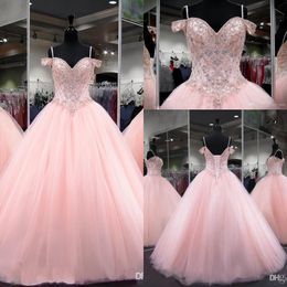 Sexy Pink Ball Gown Quinceanera Dresses Crystal Beaded Sweetheart Spaghetti Straps Backless Sweet 16 Puffy Party Pageant Prom Evening Gowns