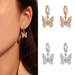 Fashion Gold Silver Plated Butterfly Ear Clip Earring Elegant Full Drill Butterfly Charm Pendant Dangle Hook Earring Eardrop Jewelry Gift