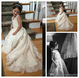 Princess Lace Flower Girls Dresses For Weddings Spaghetti Sequins Appliques Tulle Satin Girls Pageant Dresses For Little Girls