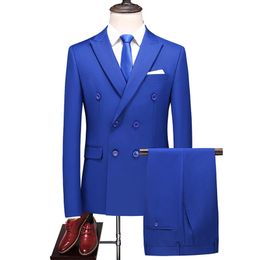 Double Breasted Groomsmen Peak Lapel Groom Tuxedos Hot Royal Blue Men Suits Wedding/Prom/Dinner Best Man Blazer ( Jacket+Pants+Vest)