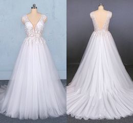 Real Image Double V-neck A-line Wedding Dresses 2020 New Lace robes de mariée vestidos de novia Party Bridal Dress Wedding Gowns