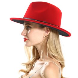 Fashion-Unisex Flat Brim Wool Felt Fedora Hats with Belt Patchwork Jazz Formal Hat Panama Cap Trilby Chapeau for Men Women