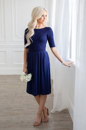 Casual Royal Blue Lace Chiffon Short Modest Bridesmaid Dresses With Half Sleeves Knee Length A-line Country Modest Maids of Honour Dress