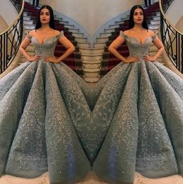 Grey Puffy Long Off Shoulder Lace Appliques Quinceanera Dresses 2020 Beaded Formal Party Ball Gown Prom Evening Dresses Plus Size