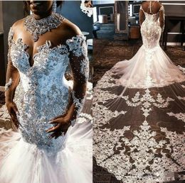 Plus Size Arabic Nigerian Wedding Dresses Sheer Long Sleeve Long Chapel Train Tulle 2020 Mermaid Bridal Gowns Luxury Crystals Major Beading