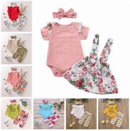 Baby Girl Clothes Kids Floral Flowers Clothing Sets Ruffle Rompers Pants Headband Outfits INS Letter Sunflower Jumpsuit Overalls Suits C6787