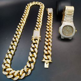 2cm Hip Hop Gold Colour Ice Out Cuban Crystal Miami Cuban Chain Gold Silver Men Watch & Necklace & Bracelet Set Hip Hop King New