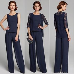 Mother of the Bride Pant Suits Jewel Neck Floor Length Lace Jackets Chiffon Pants Suits Party Gowns Formal