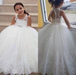 Elegant Crew Neck Lace A Line Flower Girl Dresses 2020 Tulle Applique Beaded Sash Floor Length Hollow Kids Toddler Formal Communion Gowns