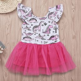 Baby Girl Dresses Cartoon Dinosaur Printed Princess Dress Flying Sleeve Girls Dresses INS Toddler Clothes Summer Kids Clothing DHW3507