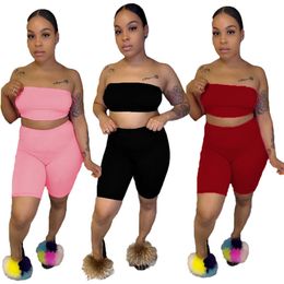 Sexy Womens strapless outfits 2 piece set brand sportswear tracksuit bra + shorts sport suit new hot selling summer women clothes klw4270