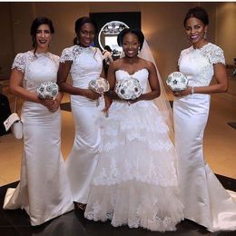 Country African Bridesmaid Dresses Jewel Short Sleeve Sweep Train Appliques Garden Wedding Guest Gowns Maid of Honor Dress M5