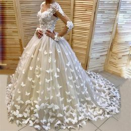 -Abiti da sposa 2020 di stile della Cina moderna Fabulouse Sheer Maniche lunghe farfalla abbellimento pizzo e tulle principessa Abiti da sposa