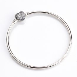 925 Sterling Silver Bangle Moments Silver1 Bracelet With Pave Heart Clasp Clear CZ Original Charm Bangles DIY Jewelry