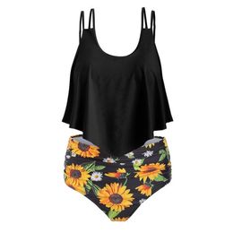 Flounce Floral Waisted Women Sets Summer Beach Boho Swim Set 2 Pieces Bathing Suit Ladies Bikini Plus Size High