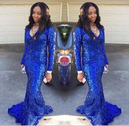 Bling Royal Blue Mermaid Prom Dresses New Sexy V-Neck Sequined Long Sleeves Sweep Train Custom Made Party Gowns Evening Dress Wear