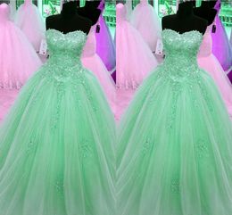 Mint Green Ball Gowns Prom Dress Strapless Lace-up Applique Beaded Sequin Draped Graduation Dress 8th Grade Quincenaera Dress Party Gowns