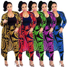 Woman Fashion Tracksuit Long Sleeve Cardigan Long Jacket Casual Ethnic Elements Top + Pants Leggings 2 Piece Set Outfits Summer Suit 2019