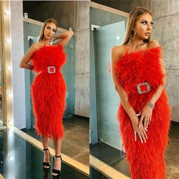 Gorgeous Red A Line Evening Dresses Sexy Strapless Sleeveless Full Feather Sash Beaded Prom Dress Ruched Knee-length Formal Party Gown