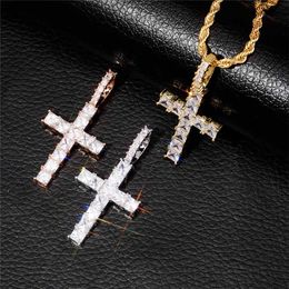 Pingente de cruz baguete de zircão gelado hip hop com corrente de tênis de 4 mm joias masculinas ouro prata quadrado colar de diamante CZ