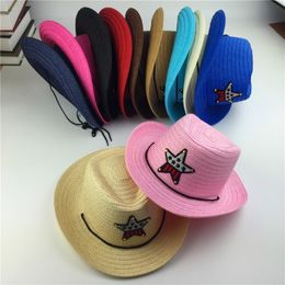 Outdoor children's jazz cowboy hat summer straw hat boys and girls five-pointed star patch sun hat cute children's beach visor Stingy Brim