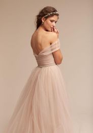 Nude Ruched Tulle Wedding Dresses Off The Shoulder Delicate Sash Bridal Gowns Floor Length A Line Backless Wedding Gown2988