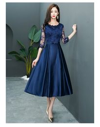 Vintage Tea Length Navy Blue Lace Short Modest Bridesmaid Dresses With 3/4 Sleeves A-line Lace Satin Bridesmaid Informal Wedding Party Dress