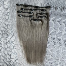 Gray hair extensions clip in extensions 100% Mongolian Remy Hair 8pcs/setsilver clip in human hair extensions