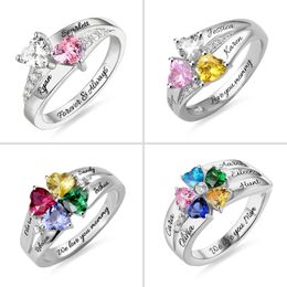 Personalised 925 Sterling Silver Rings Custom Heart Birthstone Ring With 2-5 Names Jewellery For Her Mother Day's Gift J190716