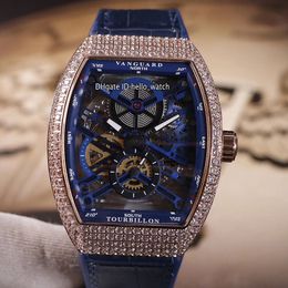 New Men's Collection Vanguard V 45 S6 SQT NR BR Hollow Skeleton Blue Dial Automatic Mens Watch Rose Gold Diamond Case Blue Leather Watches