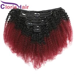 Thick 1B/99J Coloured Human Hair Clip In Extensions Afro Kinky Curly Raw Virgin Indian Burgundy Ombre Clips On Weave Full Head 8pcs 120g/set