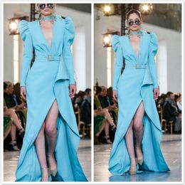 Elie Saab Sky Blue Evening Dresses Deep V Neck Long Sleeve Side Split Prom Gowns Runway Fashion Red Carpet Party Dress