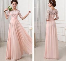 Lace Chiffon A-line Country Long Bridesmaid Dresses For Weddings Cheap Jewel Neck Half Sleeves Backless Formal Evening Gowns In Stock