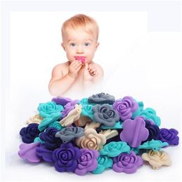 Silicone Beads 50 pieces lot Rose Flower Baby Teether Silicone Beads Charm Teething Pentant For Necklace BPA Free