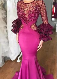 Sheer Lace Long Sleeves Prom Dresses Fuchsia Colour Satin Mermaid Evening Gowns South African Women Formal Party Dress Cheap Formal Wear