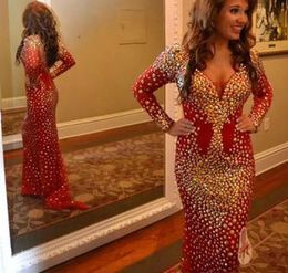 Mermaid Long Sleeve Evening Dresses 2019 Rhinestones Beaded Celebrity Holiday Women Wear Formal Party Prom Gowns Custom Made Plus Size