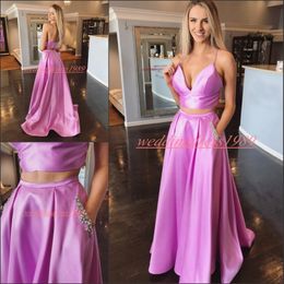 Trendy Two Pieces Prom Dresses With Beads Pockets Formal Wear Juniors Spaghetti Straps A-Line Party Gowns Vestido de fiesta Evening Dress