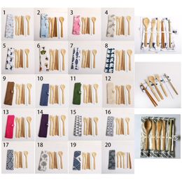 Bamboo Chopsticks Fork Spoon and Straw Dinnerware Set Bamboo Flatware Cutlery Set with Cloth Bag Knives Fork Spoon 7 pcs/set