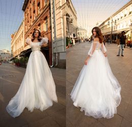 2020 Papilio Glamorous A Line Wedding Dresses Bateau Long Sleeve Hand Made Flowers Tulle Wedding Dresses Sweep Train Vestidos De Novia