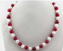 FREE SHIPPING White Freshwater Pearl and Red Round Beads Necklace