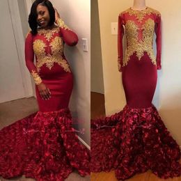 Black Girls Burgundy Prom Dresses 3D Rose Flowers Mermaid Long Sleeve With Gold Appliques Sweep Train Evening Gowns Formal BC1357