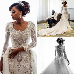 Luxury Dubai Arabic Mermaid Wedding Dresses with Long Train Long Sleeves Beads Pearls Bridal Gowns Wedding Dress vestido de novia238b