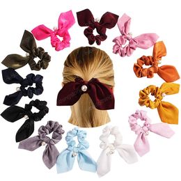 Satin Hair Scrunchies Women Pearl Hair Ties Ribbon Elastic Hair Bands Stretchy Bunny Ears Scrunchy Girls Silky Ponytail Holder