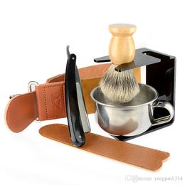 Straight Razor Gold Dollar Best Badger Shaving Brush Soap Bowl Barber Leather Sharpening Strop Strap Men Shave Beard Set