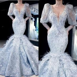 2020 silvery Mermaid Evening Dresses Tulle With Glittle Feather Sequins Prom Dress Long Sleeve Sweep Tarin Special Occasion Dresses